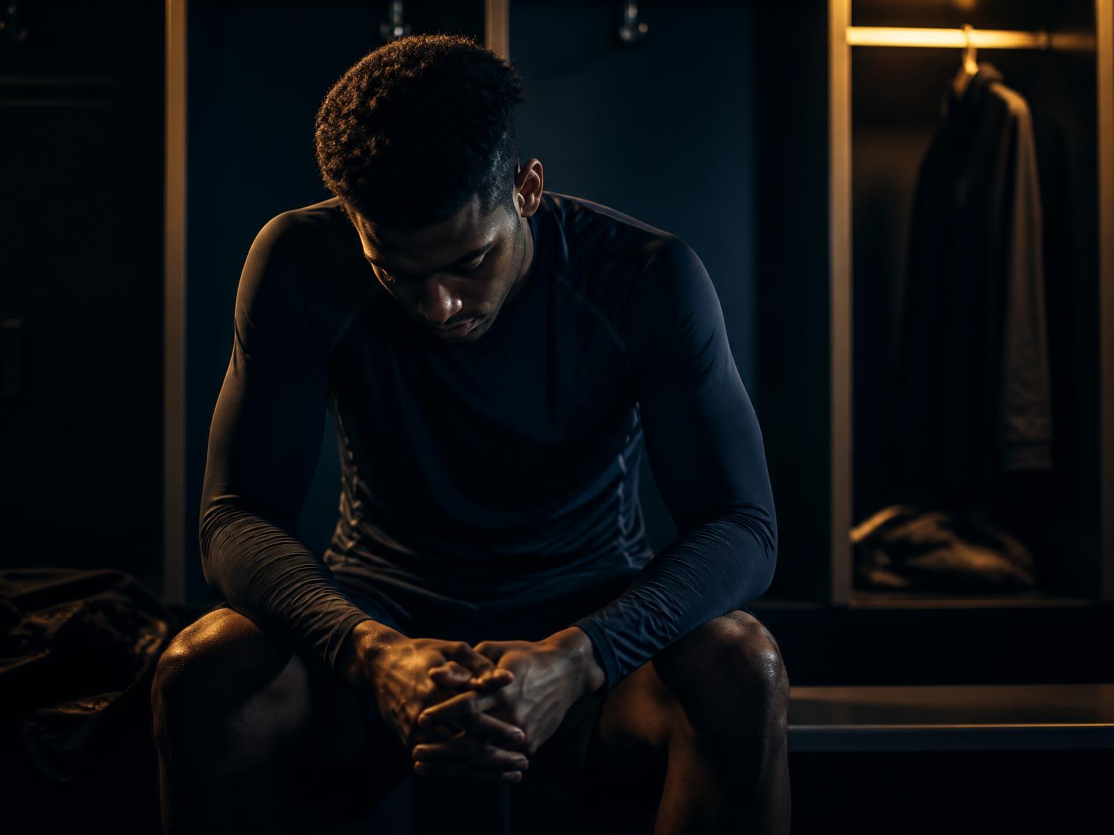 Athlete sitting alone in a locker room preparing mentally before competition